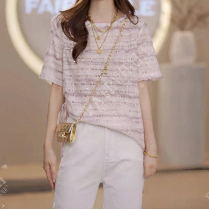 简约紫色条纹晕染T恤2025新款夏时尚洋气时尚休闲短袖设计感上衣