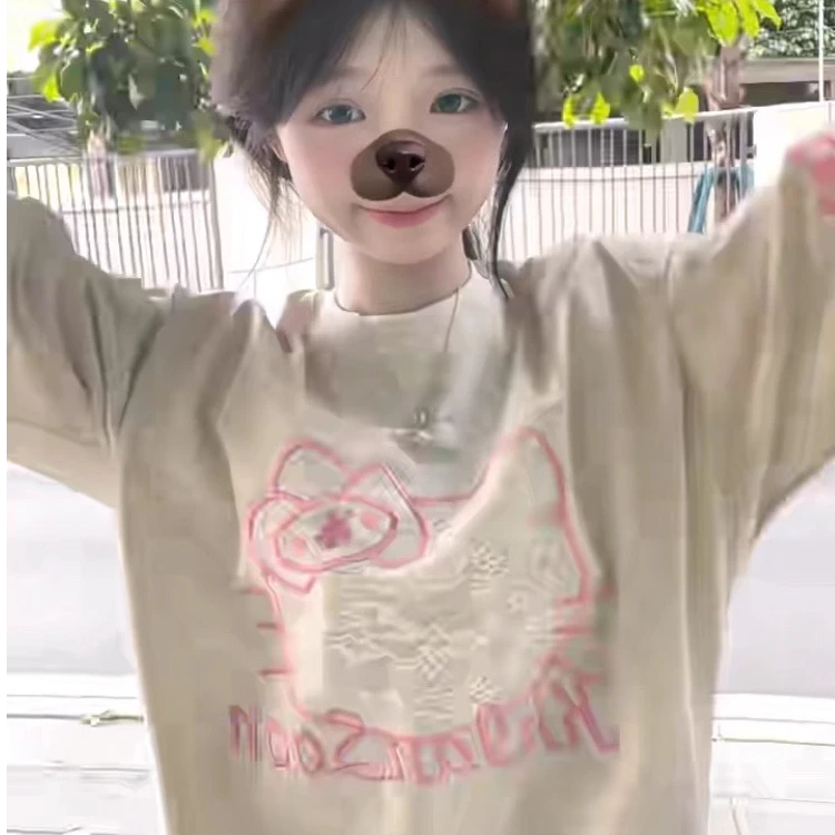 日系甜妹蕾丝小猫刺绣短袖t恤女夏季灰色复古小个子宽松半袖上衣