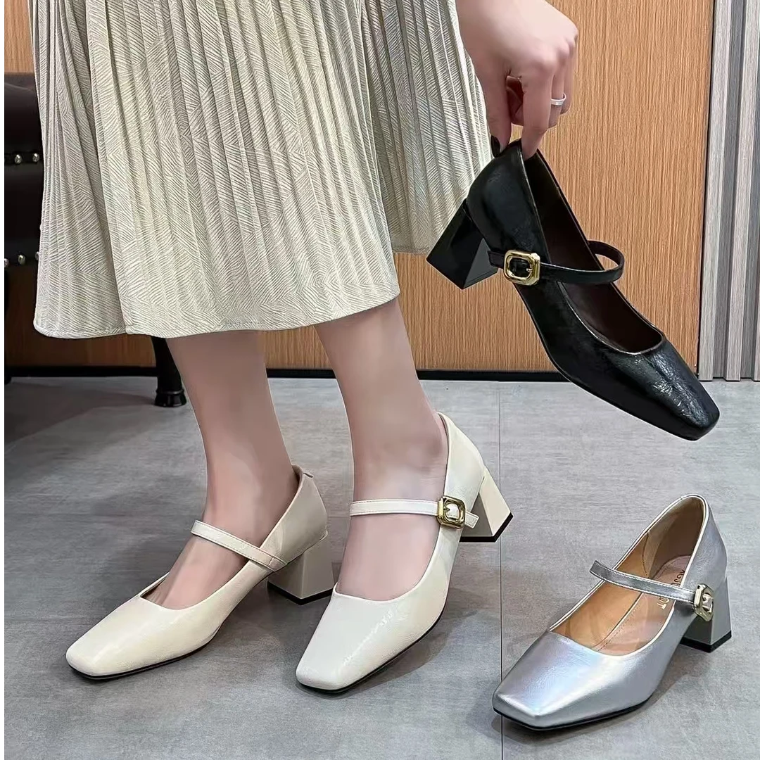 253026 新款百搭气质圆头粗跟浅口玛丽珍单鞋