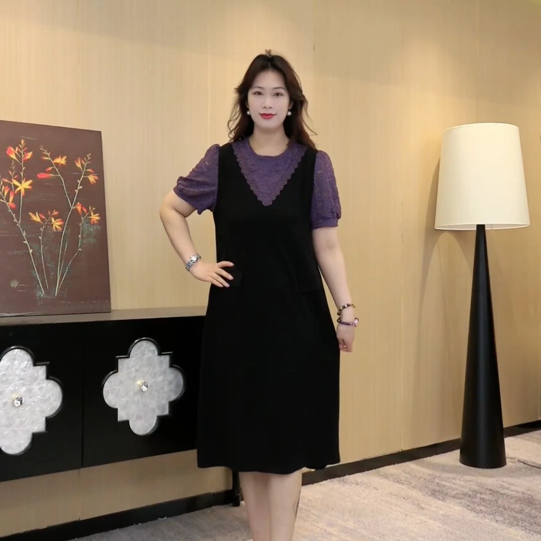 薇姐大码女装紫色蕾丝拼接连衣裙夏季新款气质显瘦裙子ZB6834