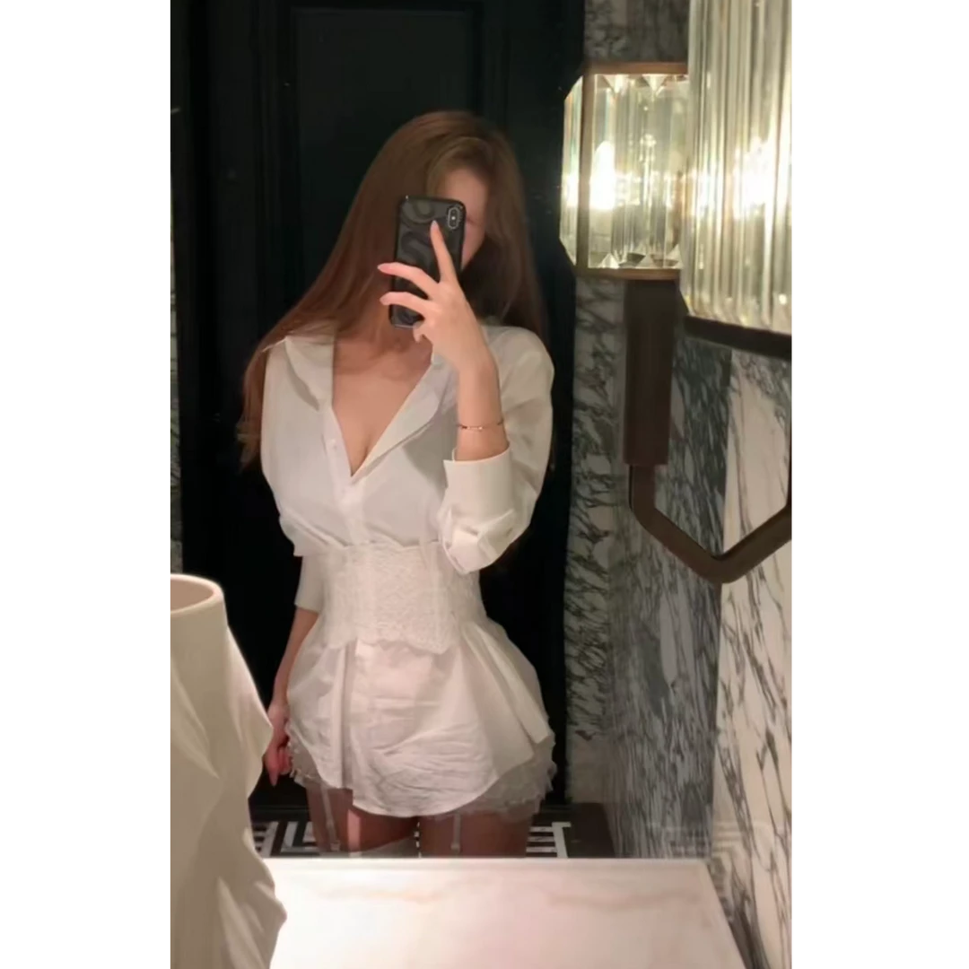 2025新款纯欲风气质性感蕾丝系带束腰显瘦长袖廓形衬衫上衣女
