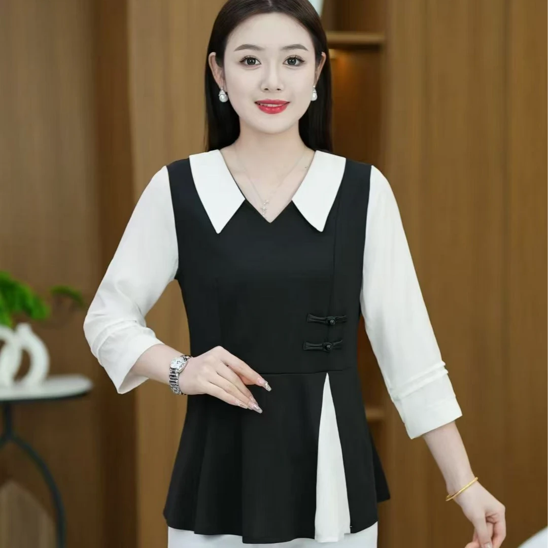 4334【衣长58】【微瑕】保暖加厚假两件衬衫女士中袖新款新中式上衣女