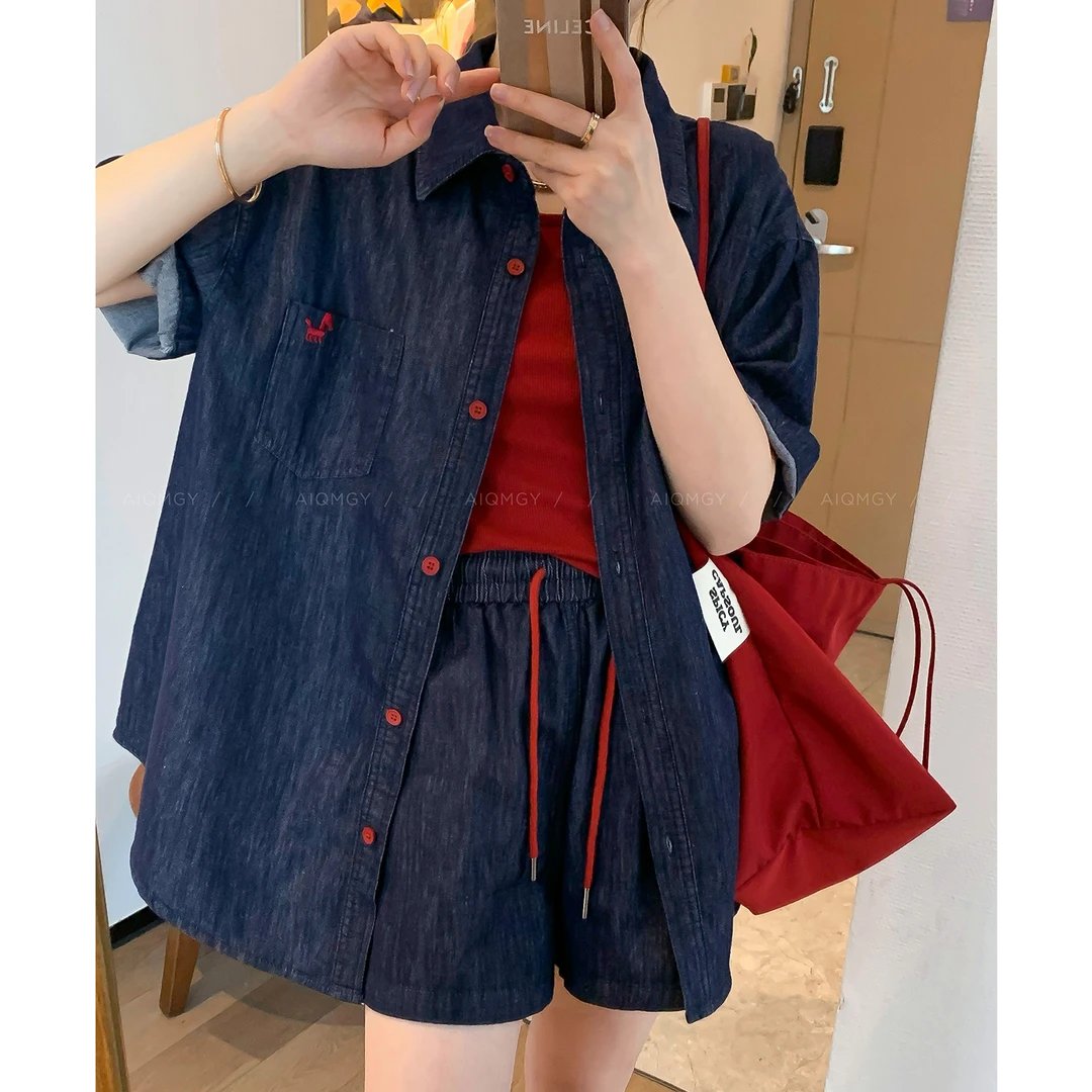 牛仔套装女2025春夏新款衬衫百搭背心阔腿短裤休闲时尚气质显瘦