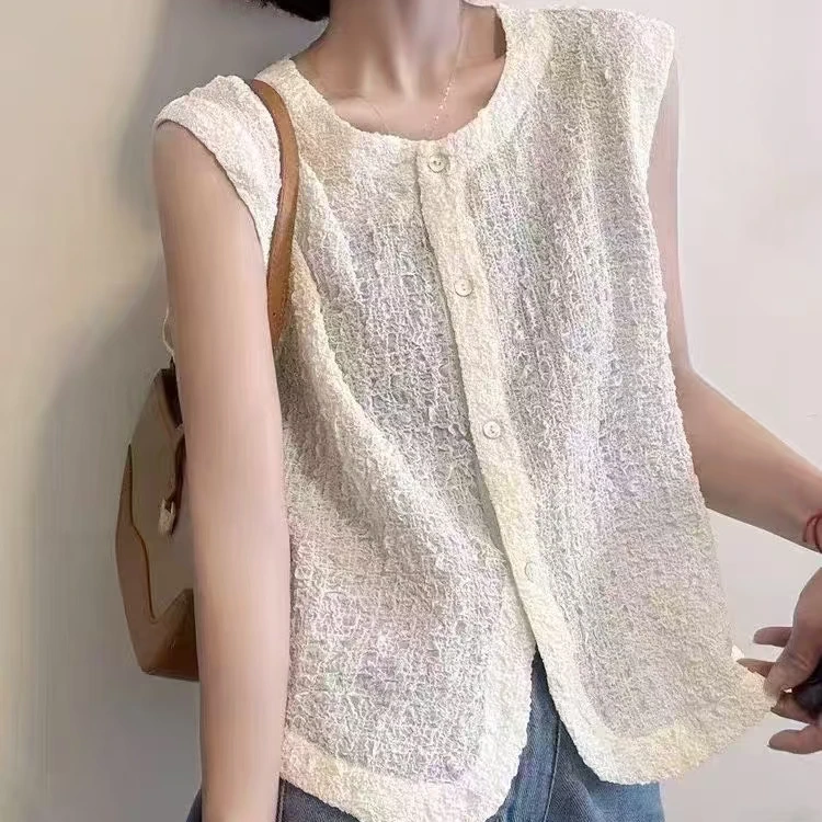 意法一批清仓 2025夏季百搭宽松显瘦圆领无袖衬衫F0863