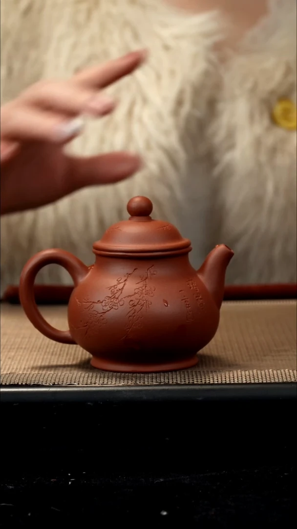 紫砂茶盏红泥刻绘高攀160CC