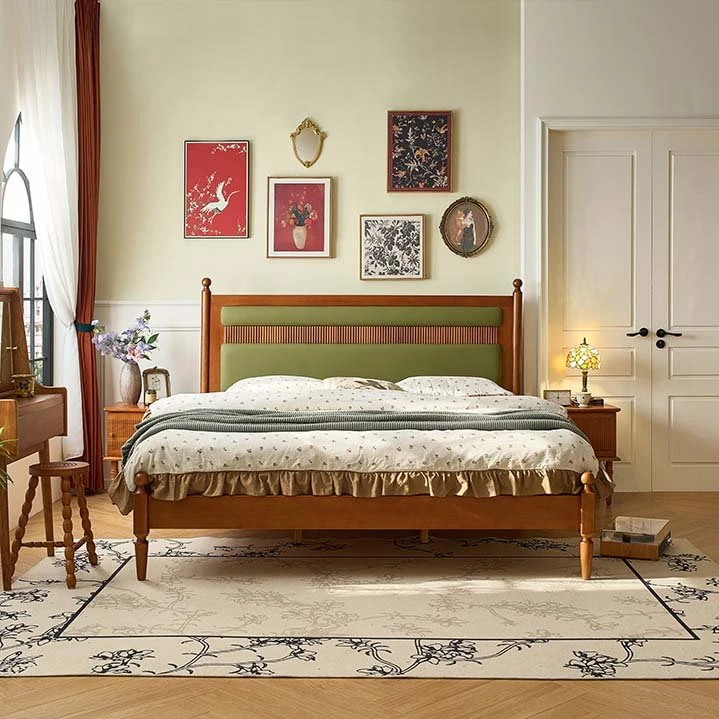 本来就复古「南法暖阳床」2025年新品中古风白蜡木双人床带靠背