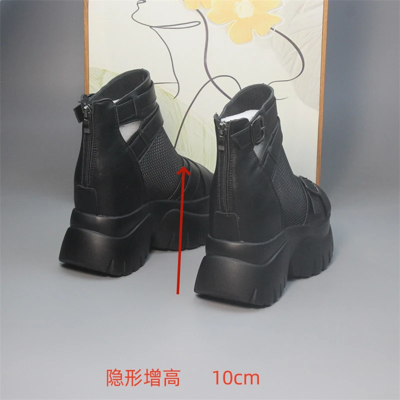 爆款鱼嘴网靴透气不闷脚夏季百搭10cm厚底增高鞋女短筒网面马丁靴