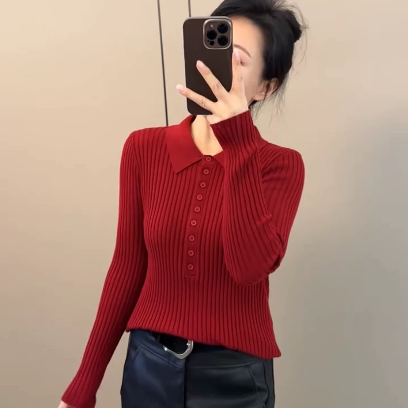 新款翻领长袖针织衫2025秋冬新款法式修身坑条百搭舒大码上衣潮