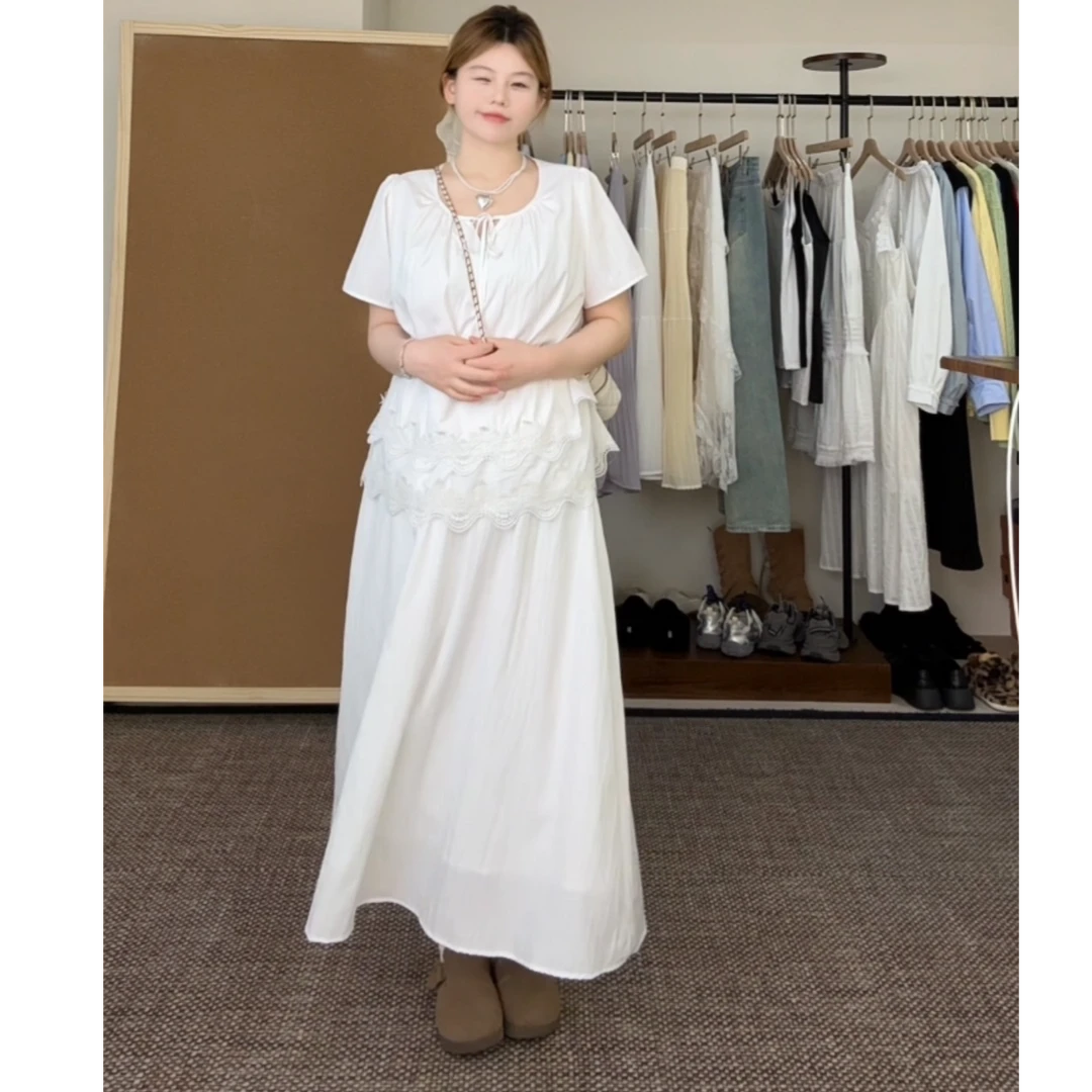 【妮妮子专属】波浪镂空层叠花边拼接法式小衫+半身裙套装