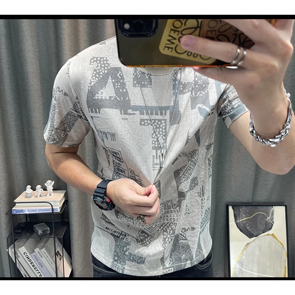 【精品】轻奢夏季薄款短袖T恤时尚复古印花青年休闲修身圆领半袖潮