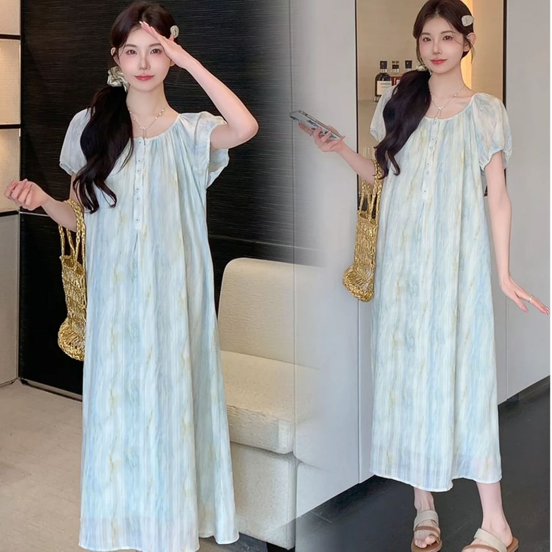 孕妇装夏季新款方领时尚百搭洋气休闲中长款宽松泡泡袖孕妇连衣裙