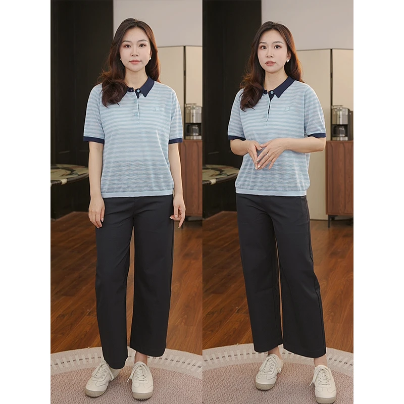 【猫猫】洋气减龄 夏季轻盈透气竹节麻半开襟翻领针织短袖T恤DC5700