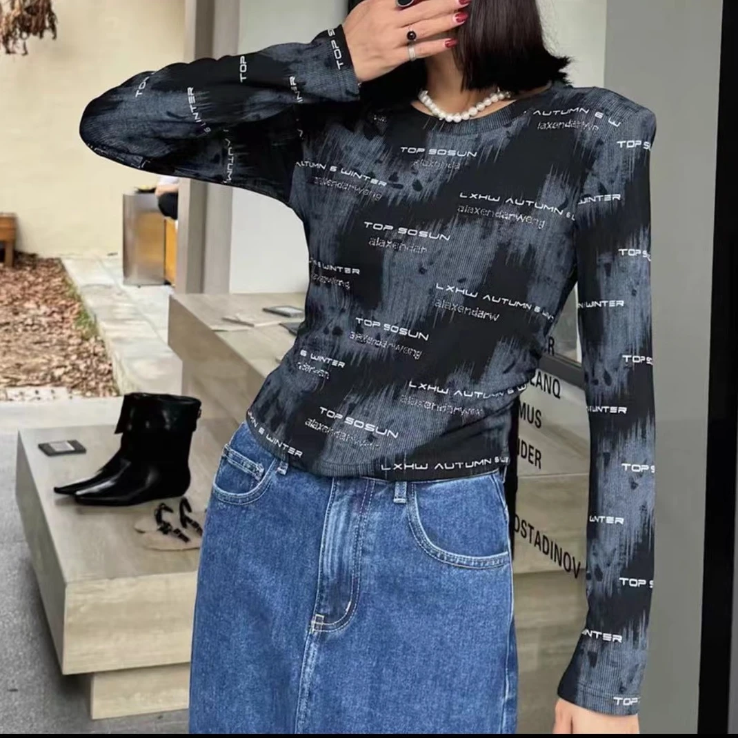 FY818（聚水潭）字母薄款短款女装ins印花女士长袖打底衫