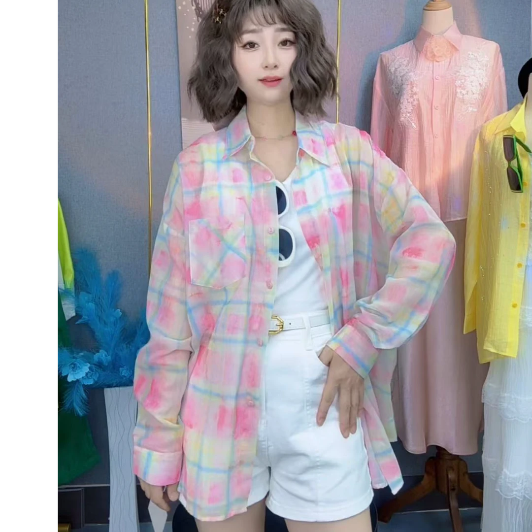 百搭休闲薄款长袖夏季上衣衬衣衬衫格子