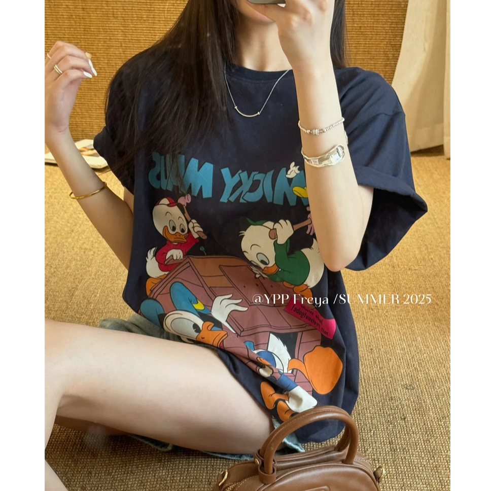 YPP!【米鼠小屋】夏季简约卡通印花宽松圆领短袖休闲减龄T恤