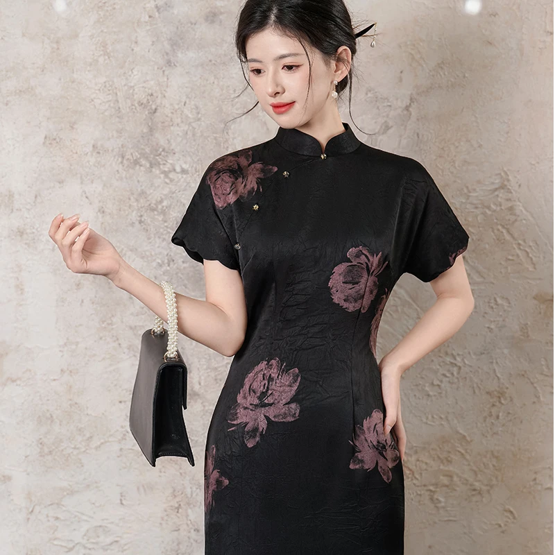 【松山半落】2025春款新出炉双面缎手抓花气质显瘦时尚复古古风旗袍