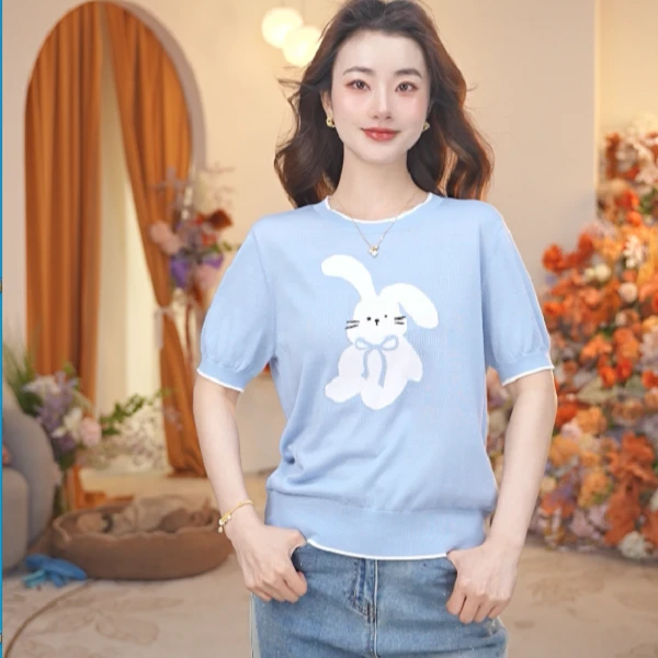 赛兔赛兔25夏季新款含桑蚕丝百搭卡通减龄女短袖T恤276251033