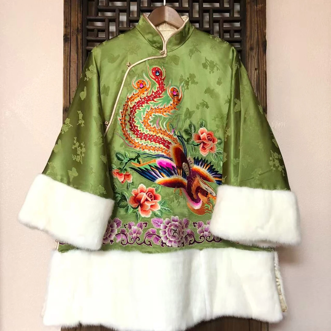 绣集东芳老绣香云纱真丝国风中式圆领立领厚款长袖宽松型棉衣秋冬