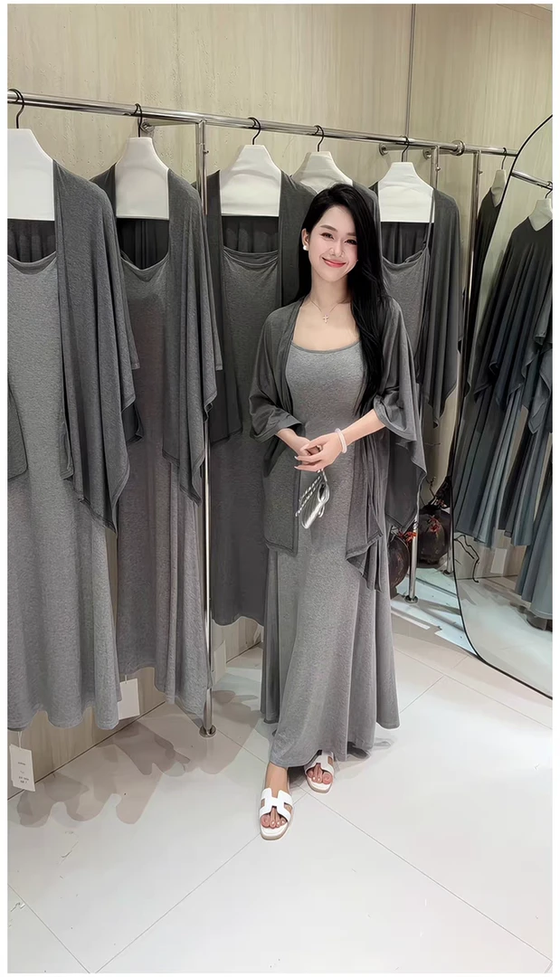法式高级灰色夏季时尚披肩吊带连衣裙休闲百搭显气质开衫两件套女