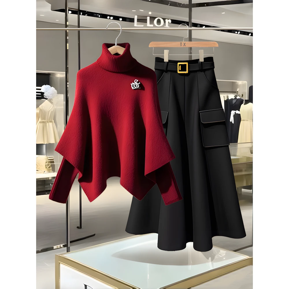 2025秋冬季轻奢小众高级感假两件斗篷上衣精致时尚显瘦百搭半身裙