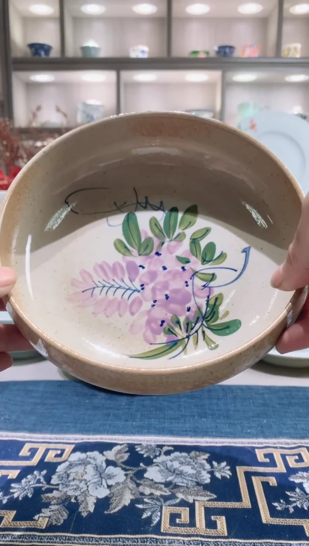 【闪购商品】手工手绘高温老陶泥7英寸汤钵紫藤