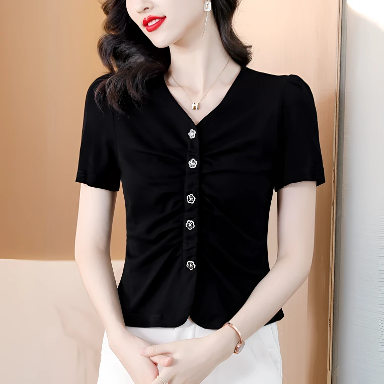 黑色短袖T恤女夏季新款设计感洋气质时尚v领褶皱显瘦百搭短款上衣