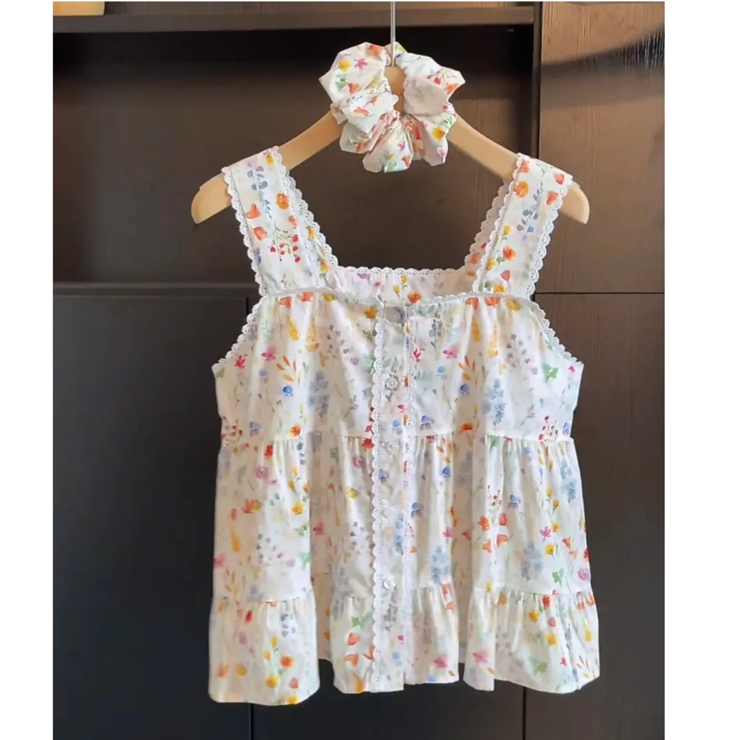 【花酿落日】媛韩版方领减龄甜美碎花时尚单排洋气扣配发圈衬衫9451