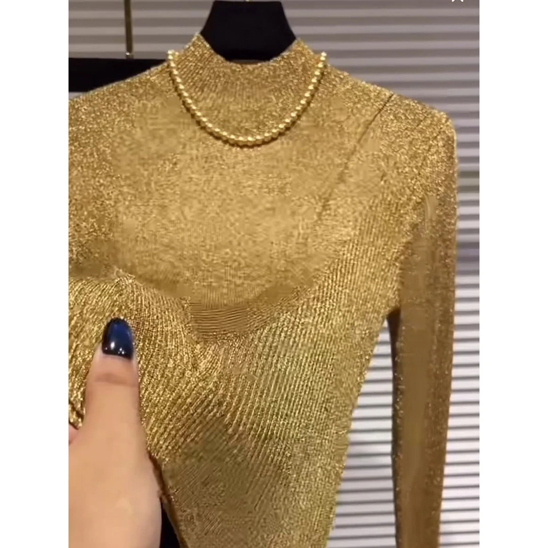 日式衬衫长袖立领细闪香槟色上衣女2025早秋高级感设计感针织衫