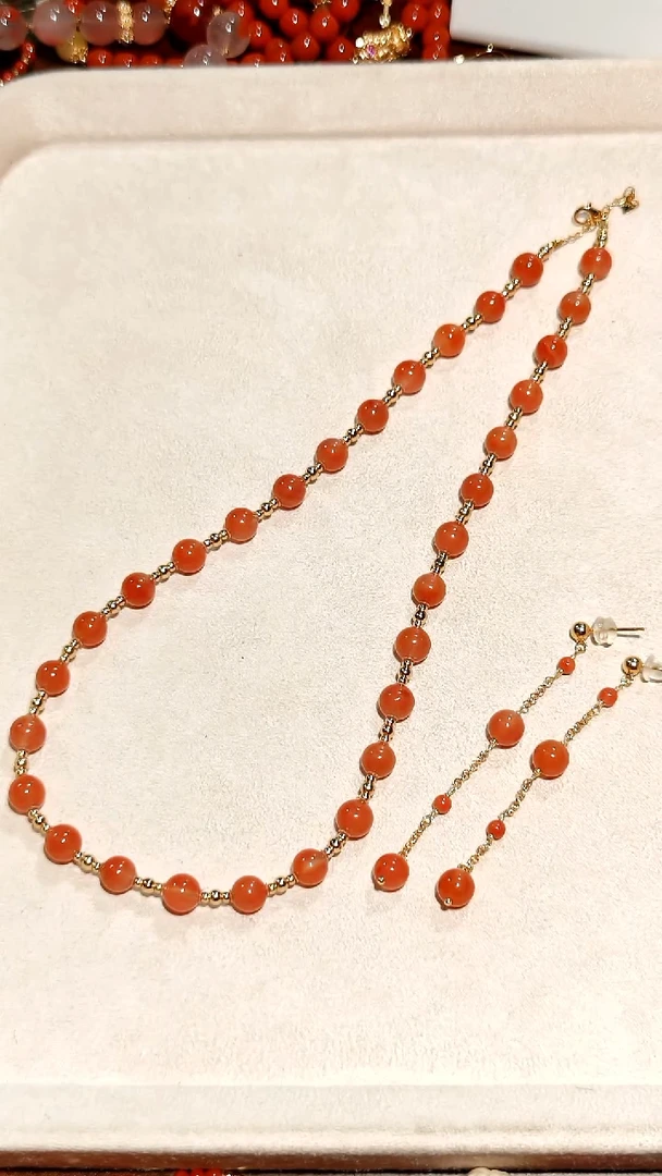 银S925镶嵌冰红南红玛瑙项链+耳环