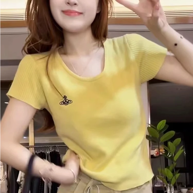 新款黄色刺绣麻花圆领正肩短袖T恤女夏季小个子修身显瘦针织上衣
