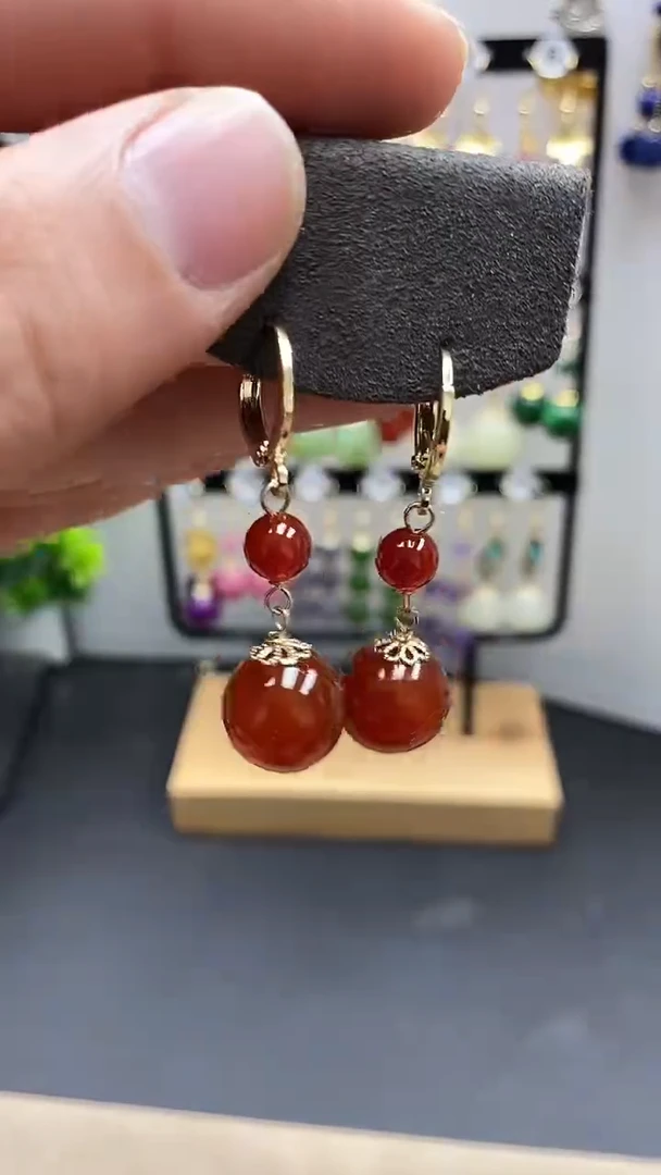 【闪购商品】南红玛瑙耳饰银S925镀金镶嵌尺寸12mmZ2