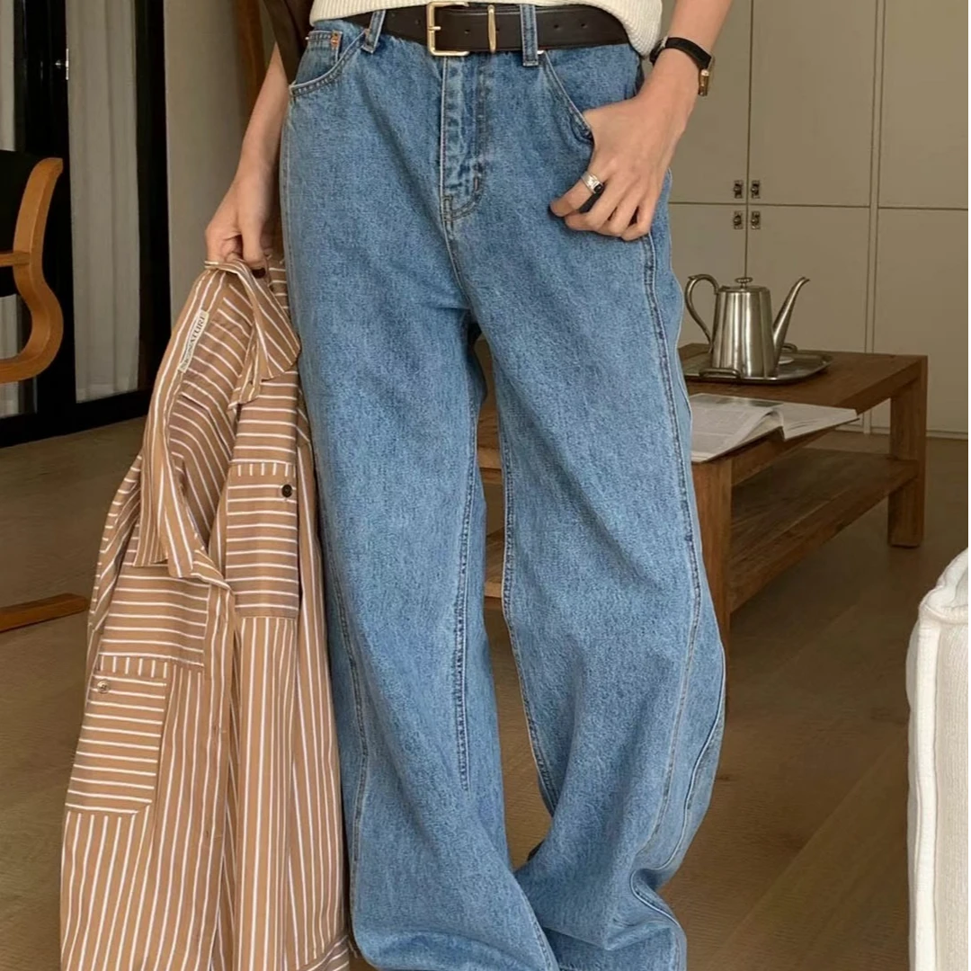 【泡菜】-新款宽松高腰显瘦百搭时尚设计感牛仔裤