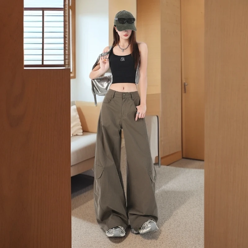 高腰弯刀裤宽松多口袋设计感美式复古辣妹百搭显瘦阔腿工装休闲裤