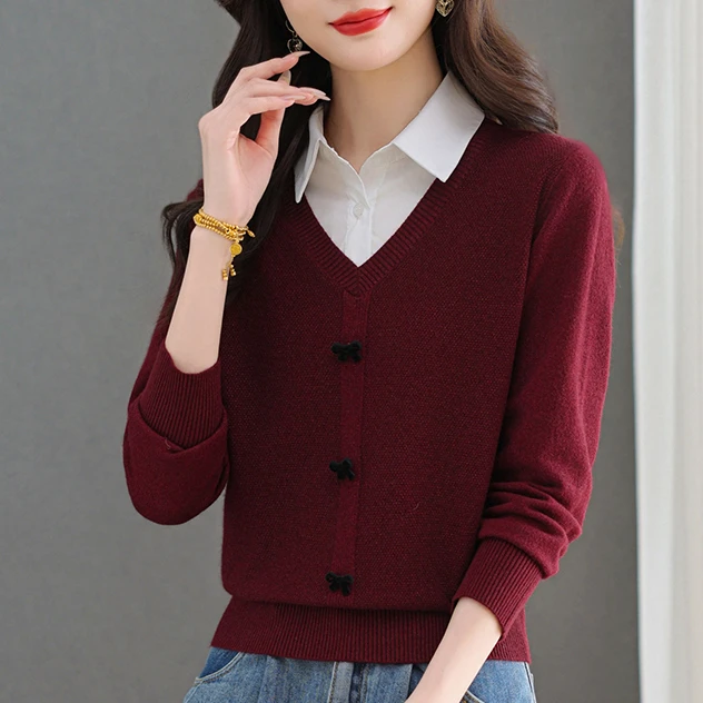 【专柜正品】2025秋冬新款女短款套头上衣衬衫领宽松洋气打底针织衫