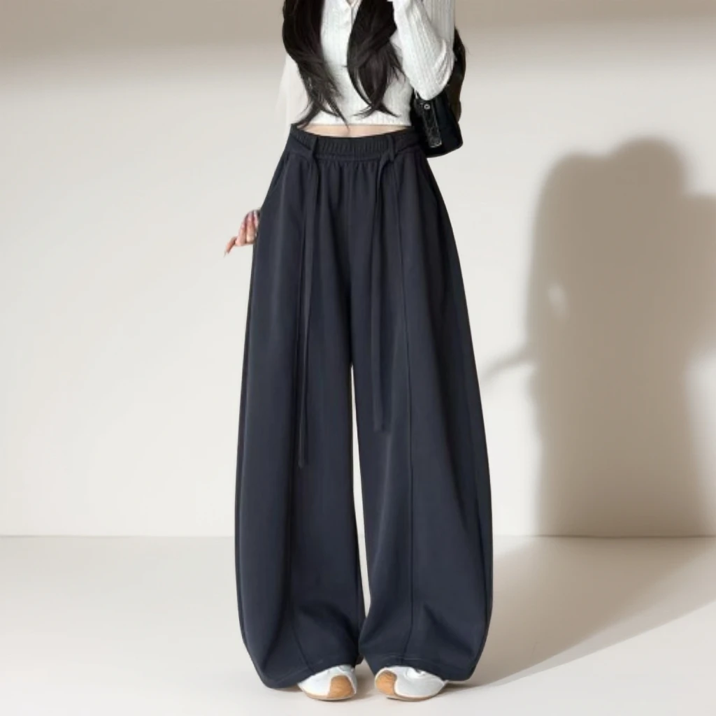 黑色复古弯刀裤女秋冬季阔腿裤加绒新款高腰显瘦阔腿裤宽松休闲拖