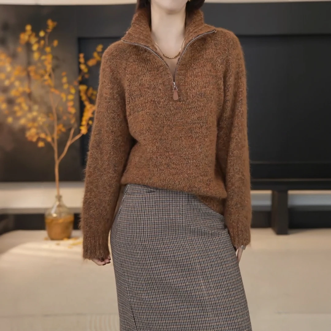 韩系慵懒风半拉链立领针织衫女2025秋冬新款宽松软糯百搭套头毛衣