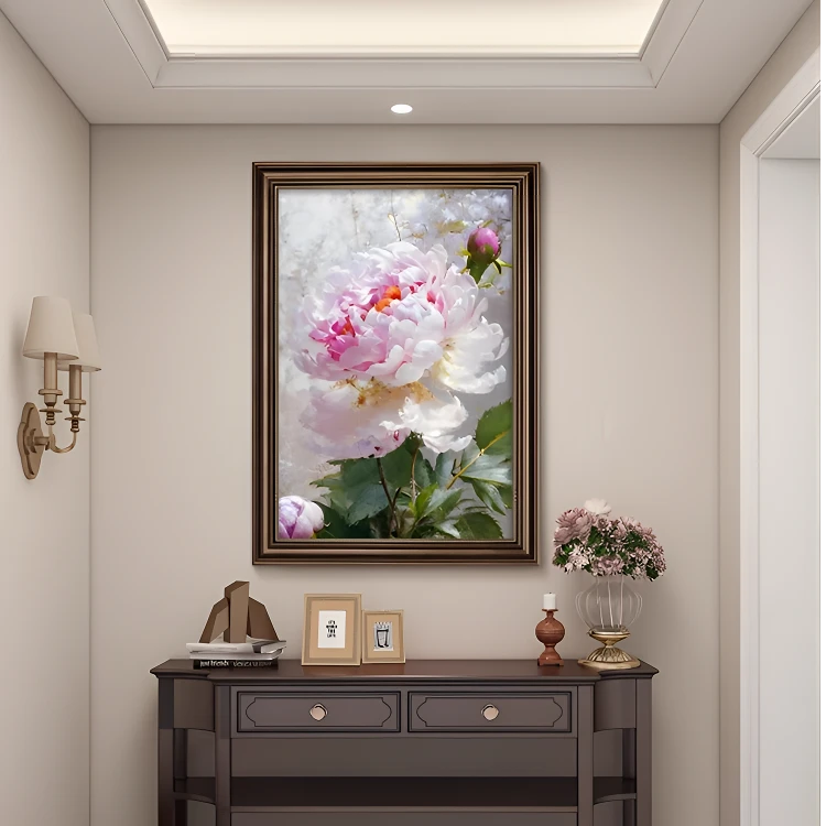 牡丹花挂画美式复古玄关装饰画壁画花开富贵客厅沙发背景墙油画
