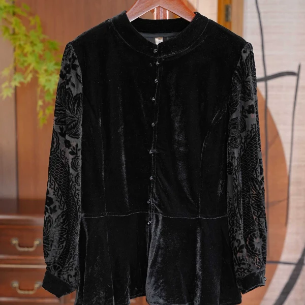 【暗香拂袖】高端蕾丝拼接立领衬衫女遮肉显瘦丝绒上衣打底衫370