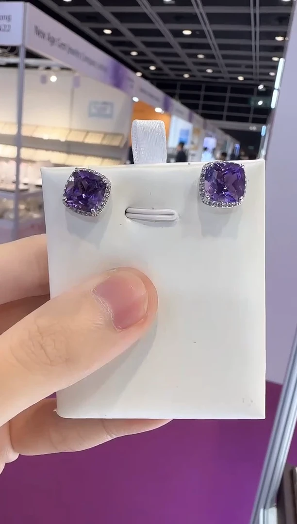 银S925镶嵌耳饰紫晶10mm简约帝王紫耳钉