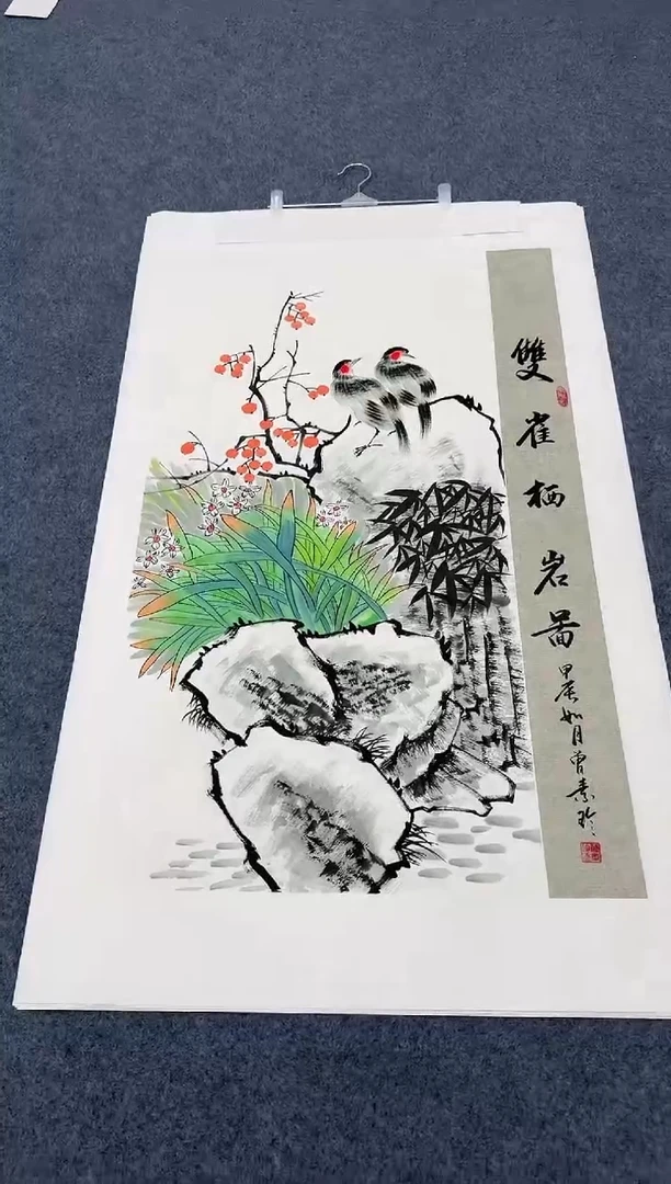 国画双雀栖岩图手绘作品