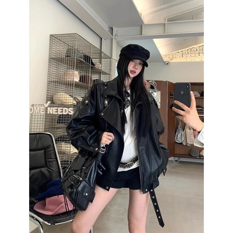 美拉德机车风廓形百搭皮衣女秋冬复古高级感皮外套高街黑色夹克潮