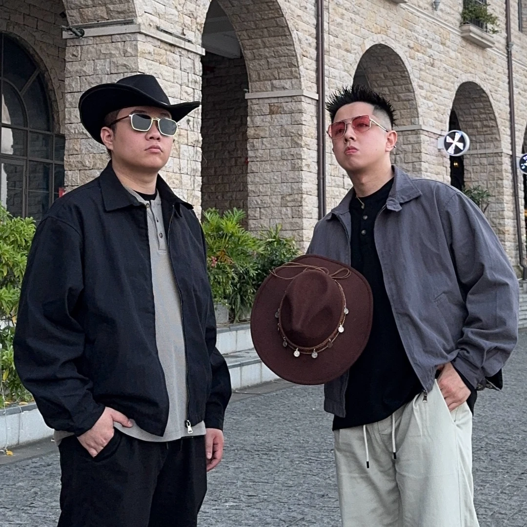 KUZ 秋季”人字纹“哈灵顿纯棉通勤夹克美式宽松外套翻领高级