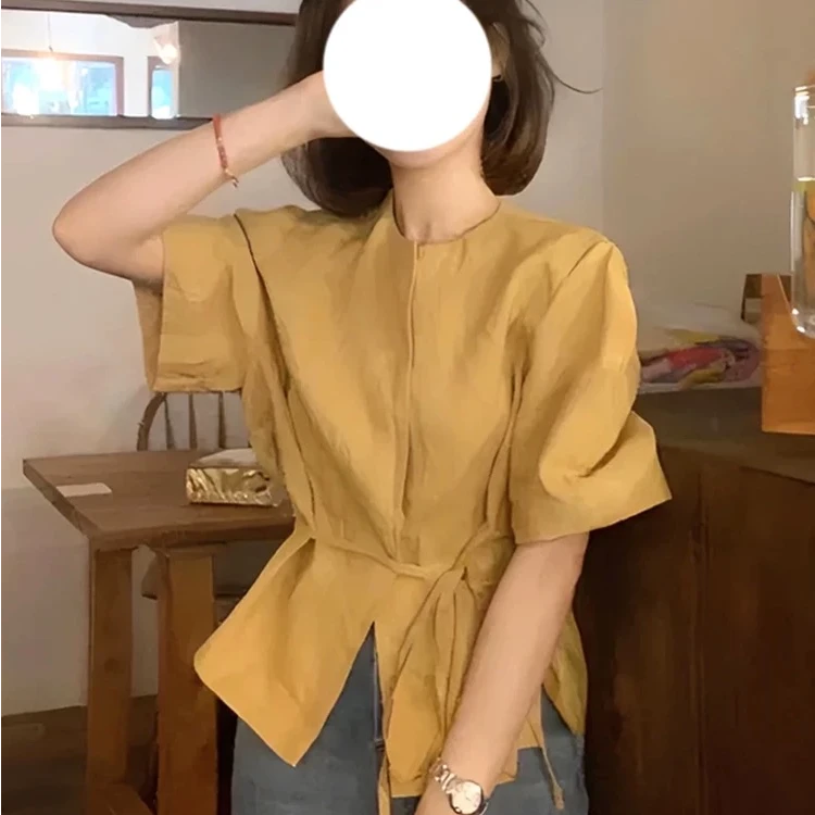 1140夏季不规则纯棉韩系复古轻熟风衬衣圆领收腰绑带开叉气质衬衫