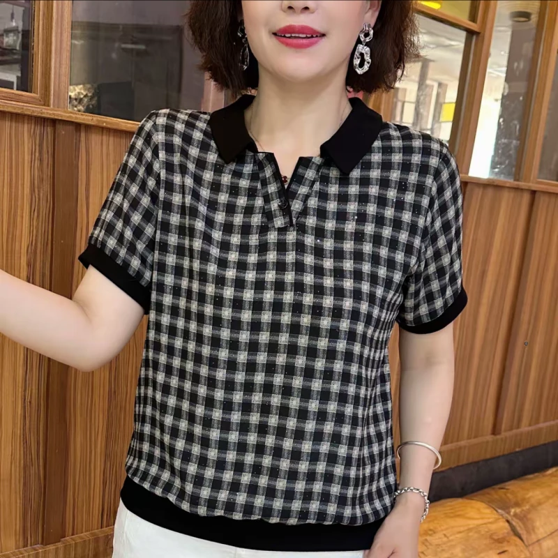 夏季中老年洋气妈妈装休闲简约格子提花短袖气质减龄宽松上衣X665