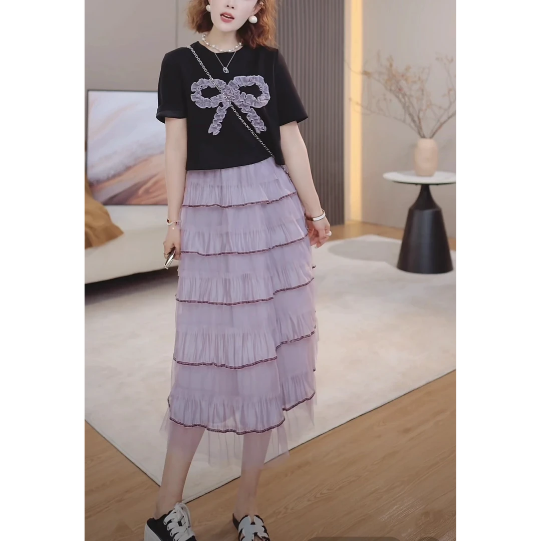 法式设计感拼接假两件蝴蝶结连衣裙女2025夏季新款时尚减龄蛋糕裙