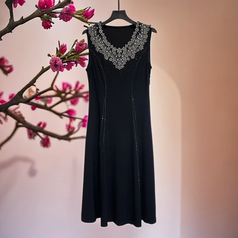 E256066款时尚气质妈妈装显瘦弹力修身无袖设计师 高贵女装连衣裙