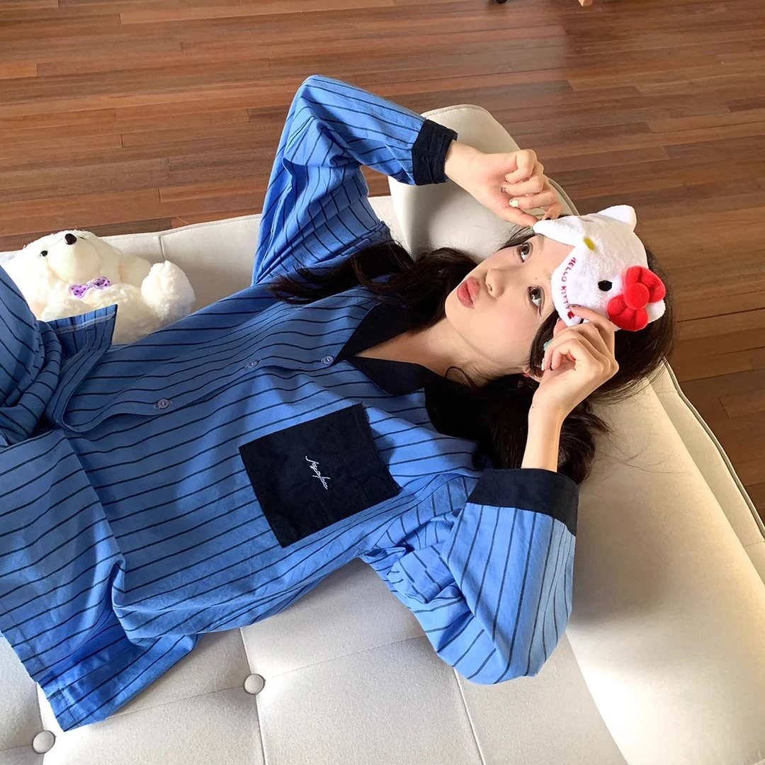 克莱因蓝条纹可外穿长袖睡衣女2025秋季宽松少女纯棉家居服套装