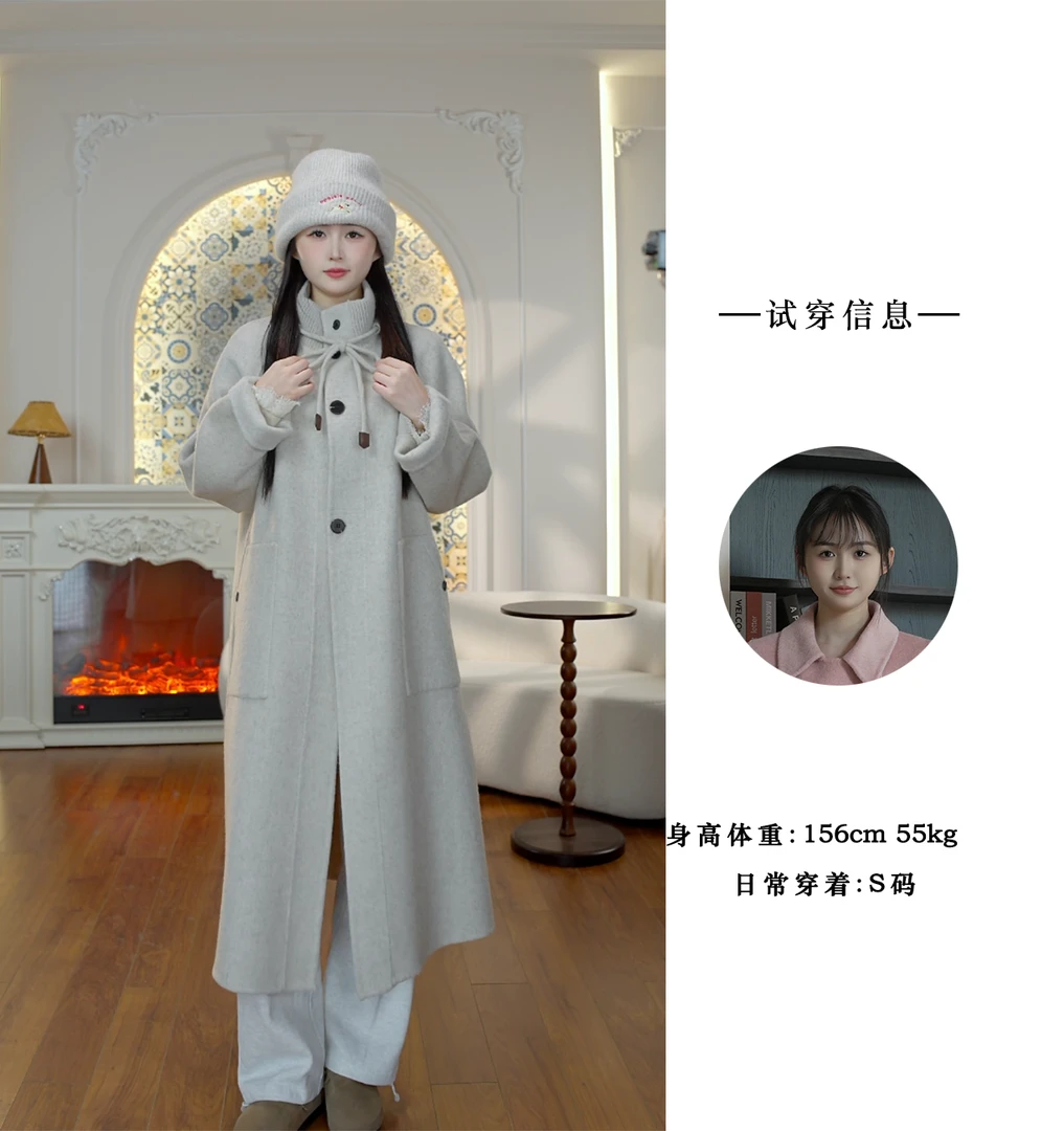 【假日时光】双面羊毛大衣四色毛呢外套长袖慵懒风针织立领时尚秋冬