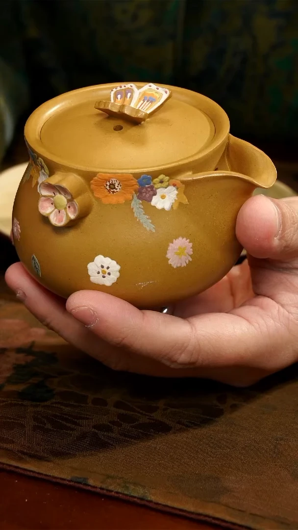 茶壶紫砂黄金段花花手抓壶