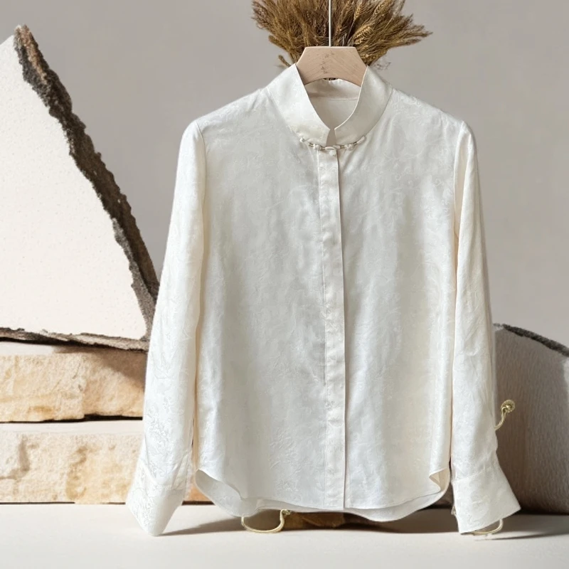 櫟丝御锦柞蚕丝女士上衣国风立领中式长袖气质衬衫时尚百搭 25082